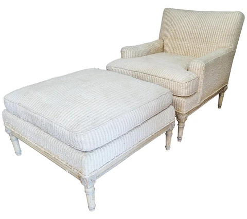 Antique FRENCH Designer Carved & Patined Louis XVI ARM CHAIR Bergere & OTTOMAN Cover
