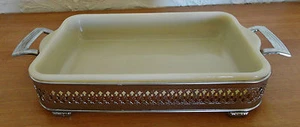 OLD Fire King OVEN GLASS Ivory baking dish w Silver Plated Handle Holder Server - Picture 1 of 6
