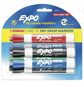 Expo Low Odor Dry Erase Markers, Chisel Tip, Assorted Colors, NEW 6 Count - Picture 1 of 5