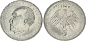 2 DM Adenauer 1969 G Fehlprägung auf dünnem Schrötling 52275 - Bild 1 von 1