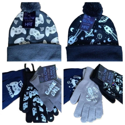 B&M Kids Girls Boys 3 Pairs Glow In The Dark Gloves Hat Gamer Space Dinosaurs Rocket