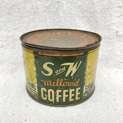 1940s Vintage S & W Mellowd Coffee Advertising Litho Tin Box Round USA TB413 - Image 1 of 4