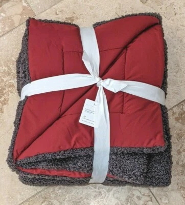POTTERY BARN ~ SPORT LUXE COZY TEDDY FAUX FUR OVERSIZED THROW ~ RED/GRAY - Image 1 of 3