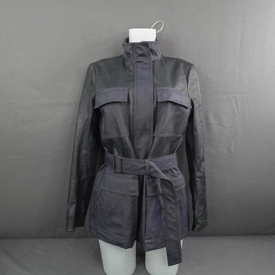 Theory Womens Trench Jacket Large Blue Leather Canvas Minimalist Quiet Luxury - Image 1 of 4