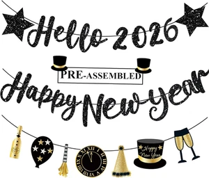 Happy New Year Banner 2026 schwarz Glitzer vorbesaitet Hello 2026 & Happy New Years - Bild 1 von 7