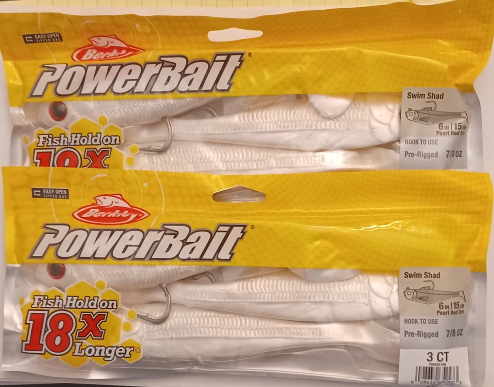 2 Packs 6 Inch Berkley Swim Shad Powerbait Pre-Rigged Pearl Red Eye 7/8 oz.