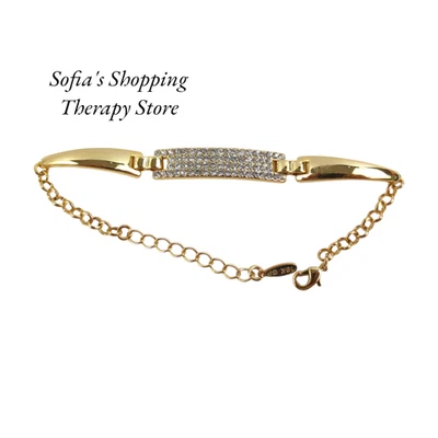 ID Bar Bracelet Cubic Zirconia Pave 18k Gold Filled 7" - 8" Curb Chain Bangle - Image 1 of 4