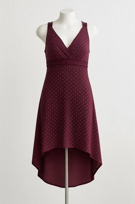 Y2K 90s Vtg Dress L Maroon Dot Babydoll Fairy Sleeveless Asymmetric Whimsigoth - Image 1 of 4