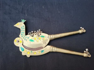 Antique Indian Ethnic Decorative Brass Betel Nut Cutter Enamel Work Silver Bells - Picture 1 of 6