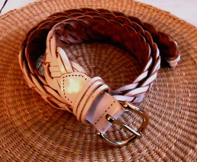J. CREW Leather?  White & Tan Braided BELT, Gold Tone Buckle, Size Medium/Large - Image 1 of 4