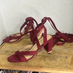 Allegra K Womens Maroon Faux Suede Crisscross Lace-Up Chunky Heel Sandals Sz 8.5 - Picture 1 of 8