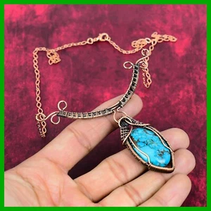 Natural Tibetan Turquoise Copper Wire Wrapped Chain Engagement Necklace Jewelry - Picture 1 of 6