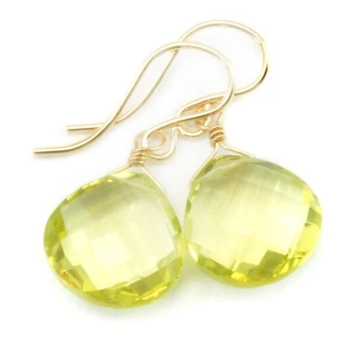 Pendientes de cuarzo limón corazón amarillo simple lágrima rosa oro macizo de 14 k Foto 1 de 4