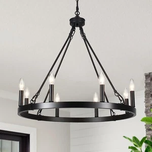 Vintage Wagon Wheel Chandelier Living Room Ceiling Light Pendant Fixture Black - Picture 1 of 12