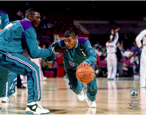 Muggsy Bogues Charlotte Hornets Unsigned Warming Up With Larry Johnson Photo Cover