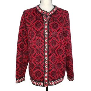 Vintage LL Bean Sweater Large Red Black Cardigan Fair Isle Cotton Snowflake - Picture 1 of 7