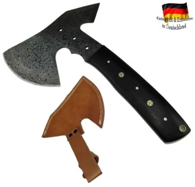 Damast Stahl Axt handgeschmiedet Mittelalter-Beil Wikinger Messer Buffalo Horn - Bild 1 von 4