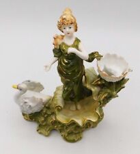 Vintage Green Bud Porcelain Vase with Lady figurine, Swan and a Lotus Flower