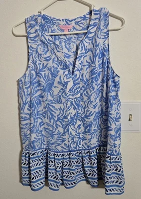 Pre-loved LILLY PULITZER Women's Sleeveless Blue/White Top Bottom Ruffle Sz M - Изображение 1 из 3