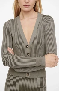 ANINE BING Layla Rib Knit V-Neck Cardigan Crop Top Sweater Khaki Shopbop XS $249 - Picture 1 of 12