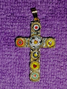 Gold Tone Italy Micro Mosaic Millefiori Flowers Cross Pendant Vintage - Picture 1 of 4