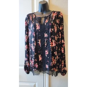 WHBM Blumen Bluse Medium White House Schwarzmarkt Schlüsselloch Stretch Spitze rot rosa - Bild 1 von 13