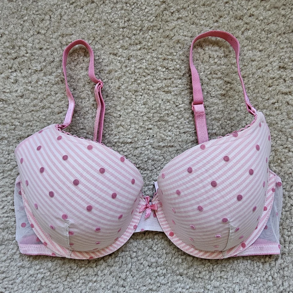 Victorias Secret 2015 lightly lined demi bra pink white stripes polka dots 34D - Image 1 of 4