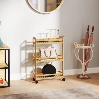 HOMCOM 3-stöckiger Servierwagen aus Bambus, Küchenwagen mit Rolle, Allzweckwagen - Bild 1 von 4