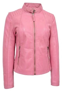 Womens Soft Leather Jacket Baby Pink Casual Fitted Trendy Biker Style Zip Fasten - Picture 1 of 8