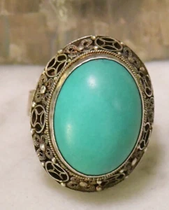 Chinesischer Vintage Sterlingsilber blauer Türkis filigraner Ring größenverstellbar - Bild 1 von 9