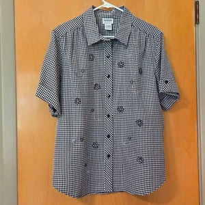 Vintage BonWorth Seersucker Hemd mit Knopfleiste Größe M schwarz Gingham Karo Bienen Gänseblümchen - Bild 1 von 9