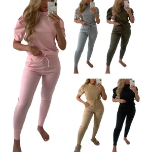 Conjunto de 2 piezas de chándal de manga corta acanalada para mujer con parte superior inferior - Imagen 1 de 6