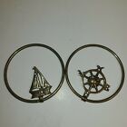Brass compass rose and sailboat on hoop/ Towel  Ring