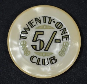 Vintage 21 Club NYC 5/- MOP Celluloid Gaming Chip #0401 TWENTY-ONE CLUB - Bild 1 von 3