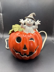 Zucca porcellana Halloween vintage Jack O lanterna e piccolo spirito fantasma con luci - Foto 1 di 7