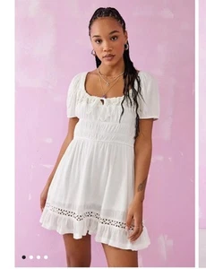 NWT Urban Outfitters UO Evie Prairie Mini Dress Ruffle Lace Cotton Ruched Sz XL - Picture 1 of 8