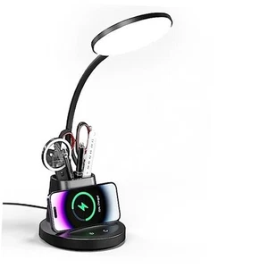 Lampe de Bureau avec Chargeur Sans Fil, Lampe de Bureau LED pour Maison Noir Chargeur Sans Fil - Photo 1/7