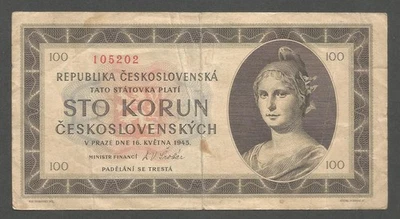 Czechoslovakia 100 Korun 16.5.1945, F, P-67a, BNB-B146a; Woman with Phrygian cap - Image 1 of 2