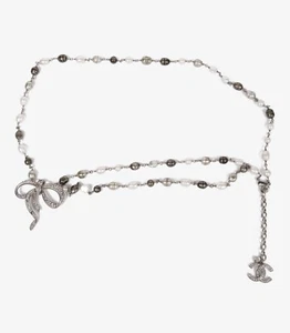Chanel Silver Tone Metal Faux Pearl & Crystal Bow Chain Belt - Picture 1 of 4