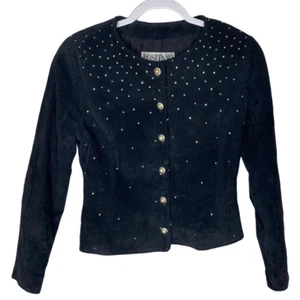 Vintage 1990s Positano Pelle Rhinestone Black Leather Jacket - Picture 1 of 5