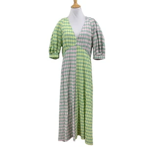 Topshop Dress Women 12 Plaid Contrast Checked Short Puff Sleeves Gauzy Midi - Picture 1 of 11