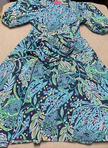 Lilly Pulitzer Juney Dress 4 Blue Catty Purrsonality Wrap Puff Sleeve Midi Beach - Picture 1 of 11
