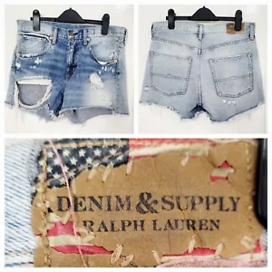 RALPH LAUREN DENIM & SUPPLY Talla 8 - 10 Azul Rasgado Pantalones Cortos 100% Algodón Vacaciones - Imagen 1 de 7