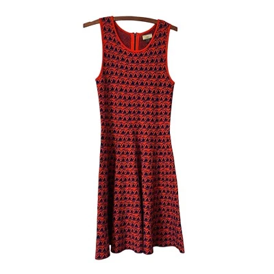 Issa London Red Blue Pyramid Jacquard Fit Flare Sleeveless Knit Dress Large - Image 1 of 4