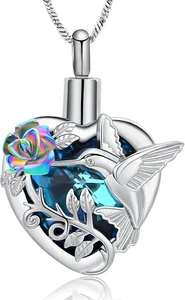 Hummingbird Cremation Jewelry Crystal Heart Urn Necklace for Ashes Women Men - Picture 1 of 6