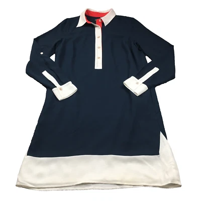 Adrianna Pappell Womens Dress Sz 4 Navy White Trim Gold Buttons Roll Tab Sleeve - Image 1 of 4