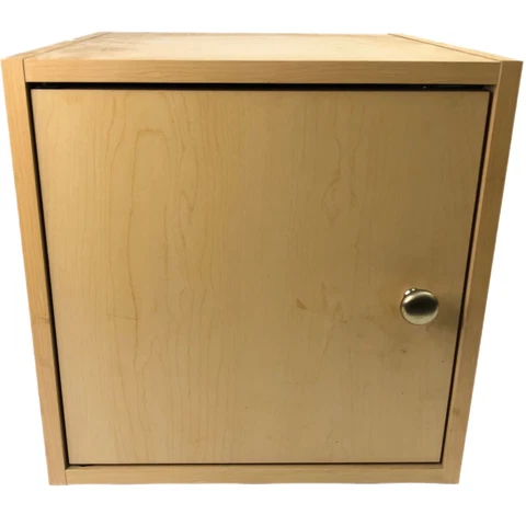 Small Mid-Century Cabinet Brown Tan Wood w Handle Cover
