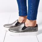 Asche | Damen Dschungelleder Slipper Plateau Sneaker Italien Schuh Metallic Silber