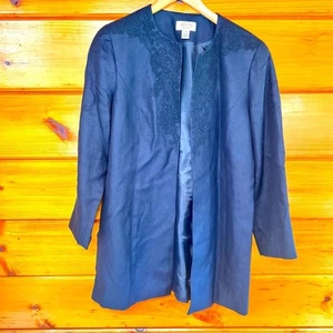 Silk Linen Embroidered Talbots Black Lined Longsleeve Open Jacket Blazer 8P - Picture 1 of 7