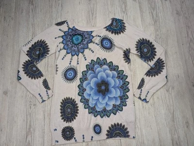 Desigual Women's Sweater Jumper Size L Blue Floral Mandala Sequin Metallic Knit - Image 1 of 4